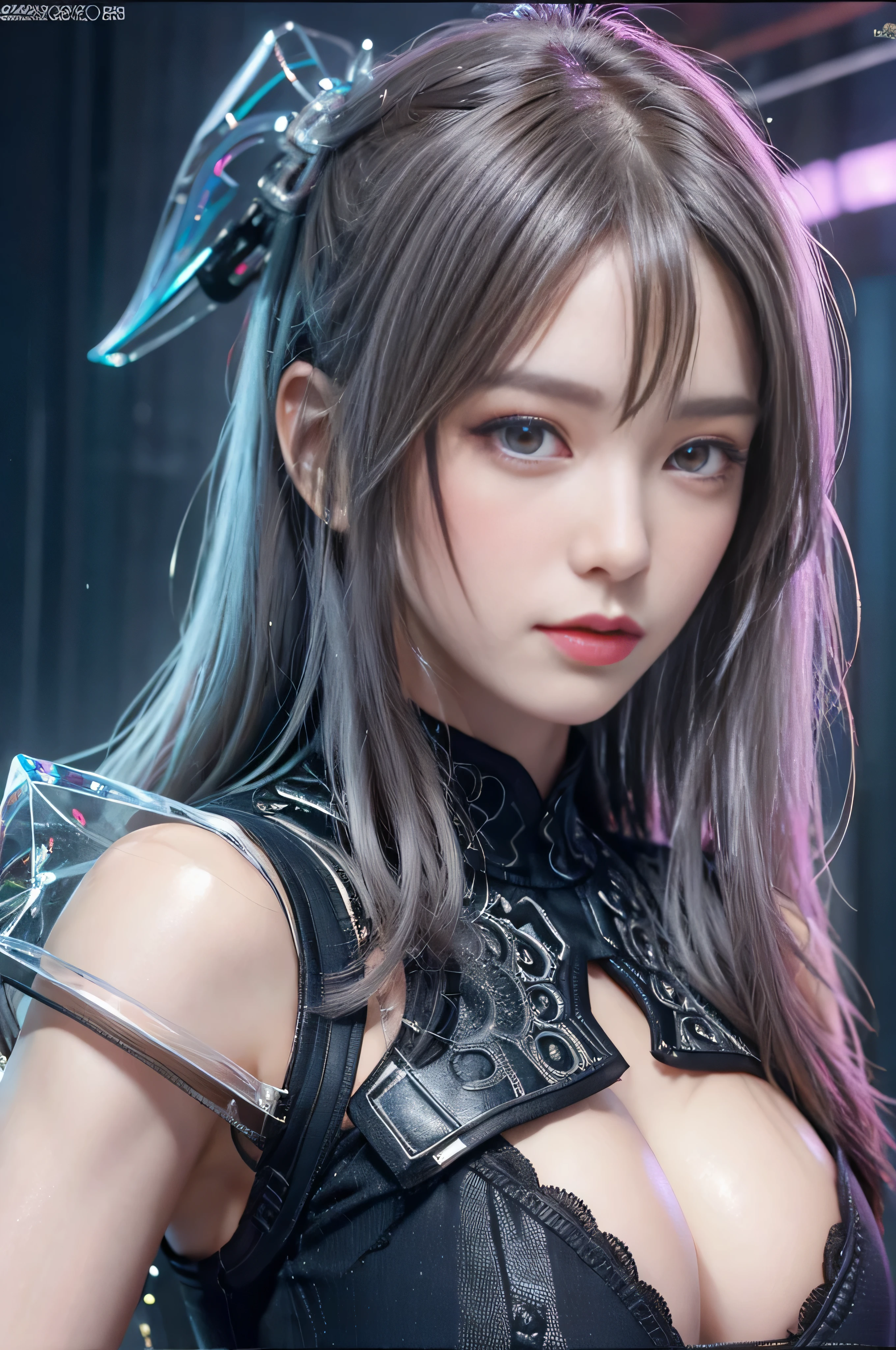 (RAW image quality), highest quality、8K masterpiece、超A high resolution、(Photoreal:1.3)、Raw photo、1 girl、silvery hair、glowing skin、1 Cyberpunk Super Beautiful Soldier、((Ultra realistic details))、cowboy shot、global illumination、Shadow、octane rendering、8K、super sharp、beautiful breasts、Raw skin exposed in cleavage、(Transparent plastic bust cover:1.4), Metal、cold color、、very intricate details、realistic light、CG Society Trends、beautiful eyes、shining eyes、towards the camera、neon details、