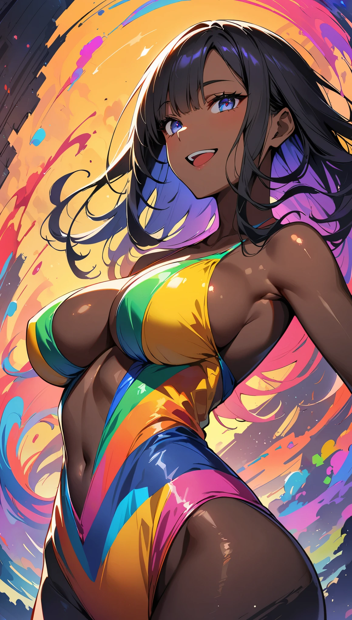 (high quality, 8K, 4k, high contrast, masterpiece:1.2, 最high quality, best aesthetics), (dynamic angle), alone, (((young woman,Beautiful Black Woman, Ebony 1 Female))), (small face), (high detail skin:1.2), cute face, (rainbow hair), beautiful breasts, (slim body shape:1.4), very detailed顔と肌の質感, look sideways, place your hands behind your body, deep ebony:1.2, ((Long bangs on one side, asymmetrical bangs, One eye is hidden)), slender body, ((open your mouth and smile:1.2)), big breasts, normal hip joint, Composition from below, (((colorful swimwear:1.2))), Coast at dusk, staring eyes, shiny skin, perfect fingers, five fingers, background bokeh, bright colors, very detailed,