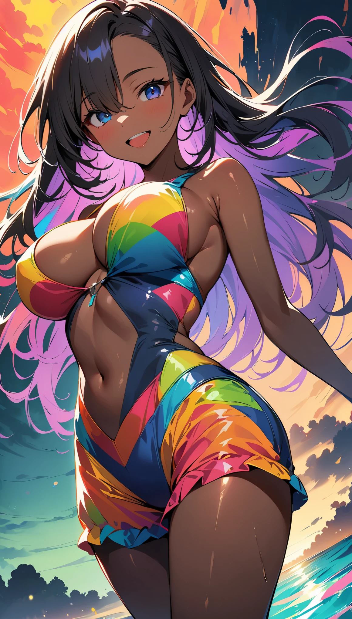 (high quality, 8K, 4k, high contrast, masterpiece:1.2, 最high quality, best aesthetics), (dynamic angle), alone, (((young woman,Beautiful Black Woman, Ebony 1 Female))), (small face), (high detail skin:1.2), cute face, (rainbow hair), beautiful breasts, (slim body shape:1.4), very detailed顔と肌の質感, look sideways, place your hands behind your body, deep ebony:1.2, ((Long bangs on one side, asymmetrical bangs, One eye is hidden)), slender body, ((open your mouth and smile:1.2)), big breasts, normal hip joint, Composition from below, (((colorful swimwear:1.2))), Coast at dusk, staring eyes, shiny skin, perfect fingers, five fingers, background bokeh, bright colors, very detailed,