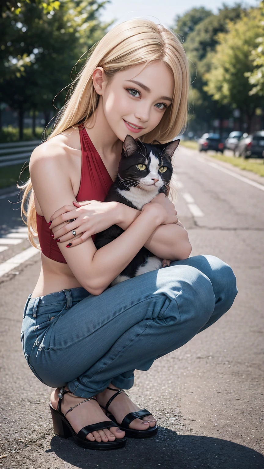 ((最high quality, 8K, masterpiece: 1.3, Ultra HD, high quality, 最high quality, High resolution, realism)) 、25 year old white woman、platinum blonde、blue eyes、long hair、smile、slender、slenderだがアスリートのような細マッチョな身体、I don't want my head to disappear from the screen.、手首にアクセサリーapply、Wearing red nail polish、I have a peticure、anklet((anklet))apply、high neck halter neck((high neck halter neck))wear、Cropped trousers((cropped pants))Wear、Crouching on the side of the road、hug a cat、smile((Smile))、Looking from above