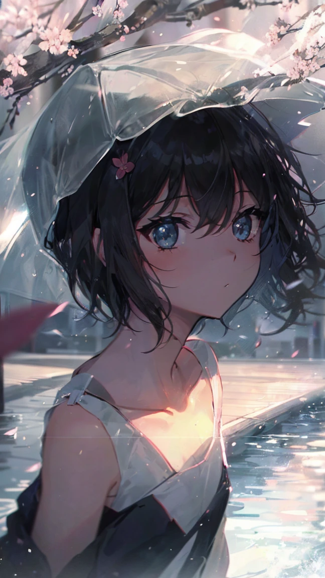 Product illustration of a girl in the rain,cherry blossoms,water中で,water,black hair,short bob,white skin,waterに浮いている
