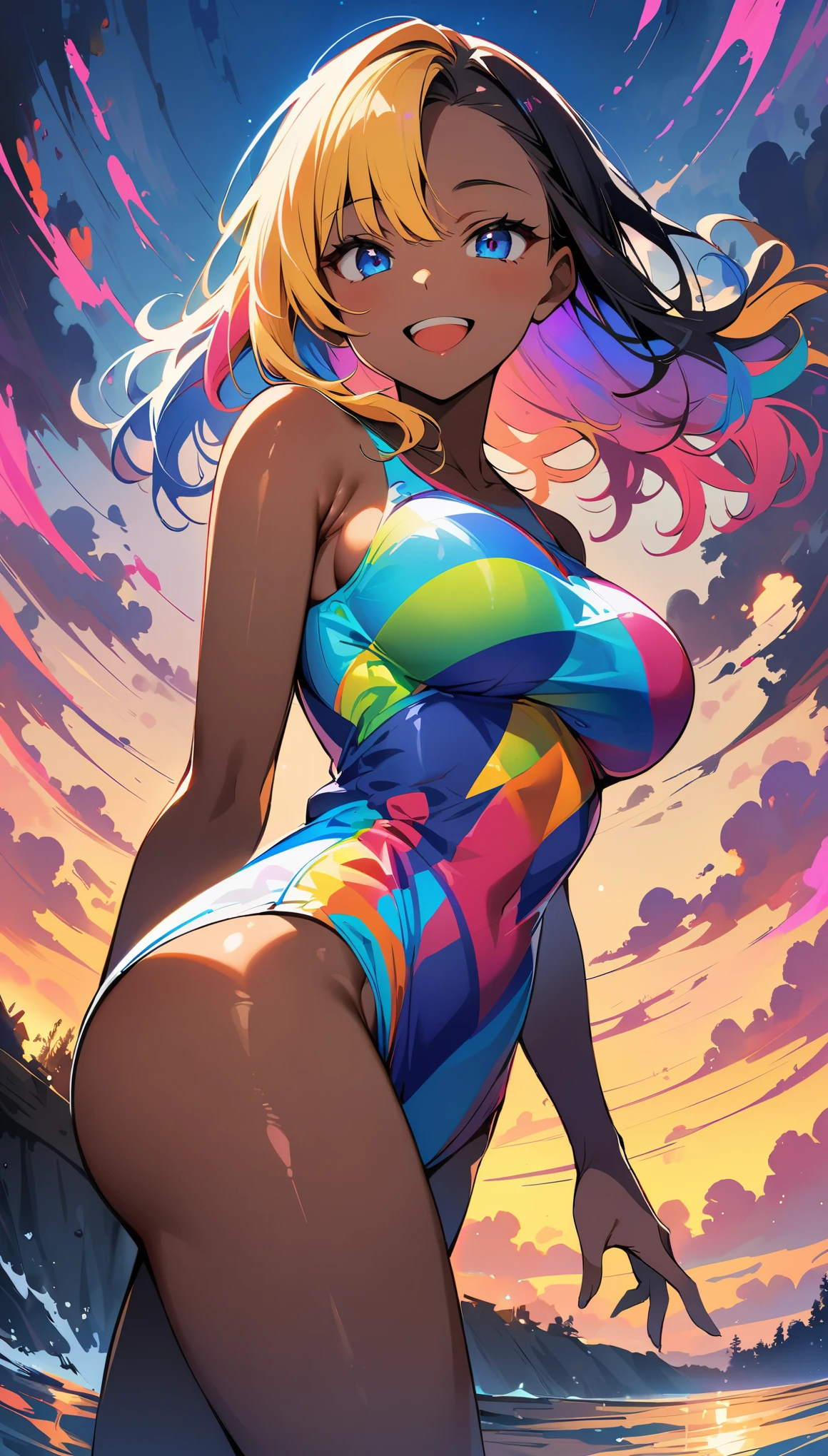 (high quality, 8K, 4k, high contrast, masterpiece:1.2, 最high quality, best aesthetics), (dynamic angle), alone, (((young woman,Beautiful Black Woman, Ebony 1 Female))), (small face), (high detail skin:1.2), cute face, (rainbow hair), beautiful breasts, (slim body shape:1.4), very detailed顔と肌の質感, look sideways, place your hands behind your body, deep ebony:1.2, ((Long bangs on one side, asymmetrical bangs, One eye is hidden)), slender body, ((open your mouth and smile:1.2)), big breasts, normal hip joint, Composition from below, (((colorful swimwear:1.2))), Coast at dusk, staring eyes, shiny skin, perfect fingers, five fingers, background bokeh, bright colors, very detailed,