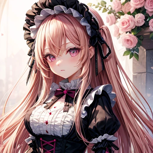 No expression　Pink blonde long hair and gothic lolita maid outfit　Crimson Eyes　tall　