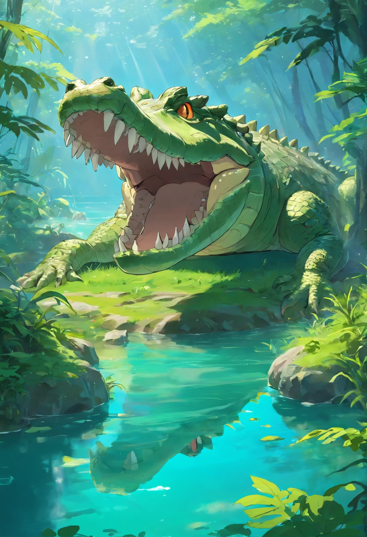 Crocodile in peace, lush swamp, sunbathing under the warm sun, (highest quality,High resolution), shine, Scaly skin, Perfectly camouflaged by the surrounding green vegetation, (Bright colors), Shining on wet surfaces, (Super detailed), With sharpening, Menacing teeth protruding from powerful jaws, (extreme details), Ready to catch prey in an instant, (intense, dramatic lighting), A terrifying sight reflected in the crystal clear water, (realistic), Creates a sense of mystery and danger, (concept artist), 穏やかな水の波紋がlandscapeに静けさを与えている。, (landscape), enhance the overall atmosphere of the work.