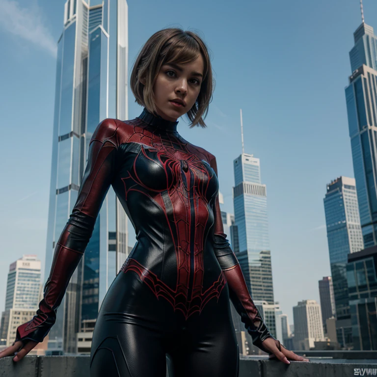 Gwen Stacey as Spidergirl, wearing a spidergirl clothes and, 8k, uhd, sporty slim and fit body, determined face, detailed face, body, she is chasing Venom among the skyscrapers