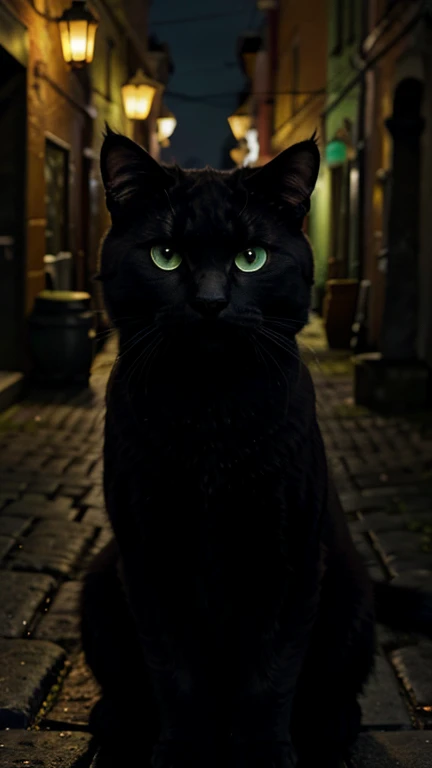 Night St. Petersburg; Dark gloomy alley paved with wild stones, dimly lit by one dim lantern, in the darkness one can see the black silhouette of a colossal cat with eyes glowing with green light; High detail, Ultra-realistic