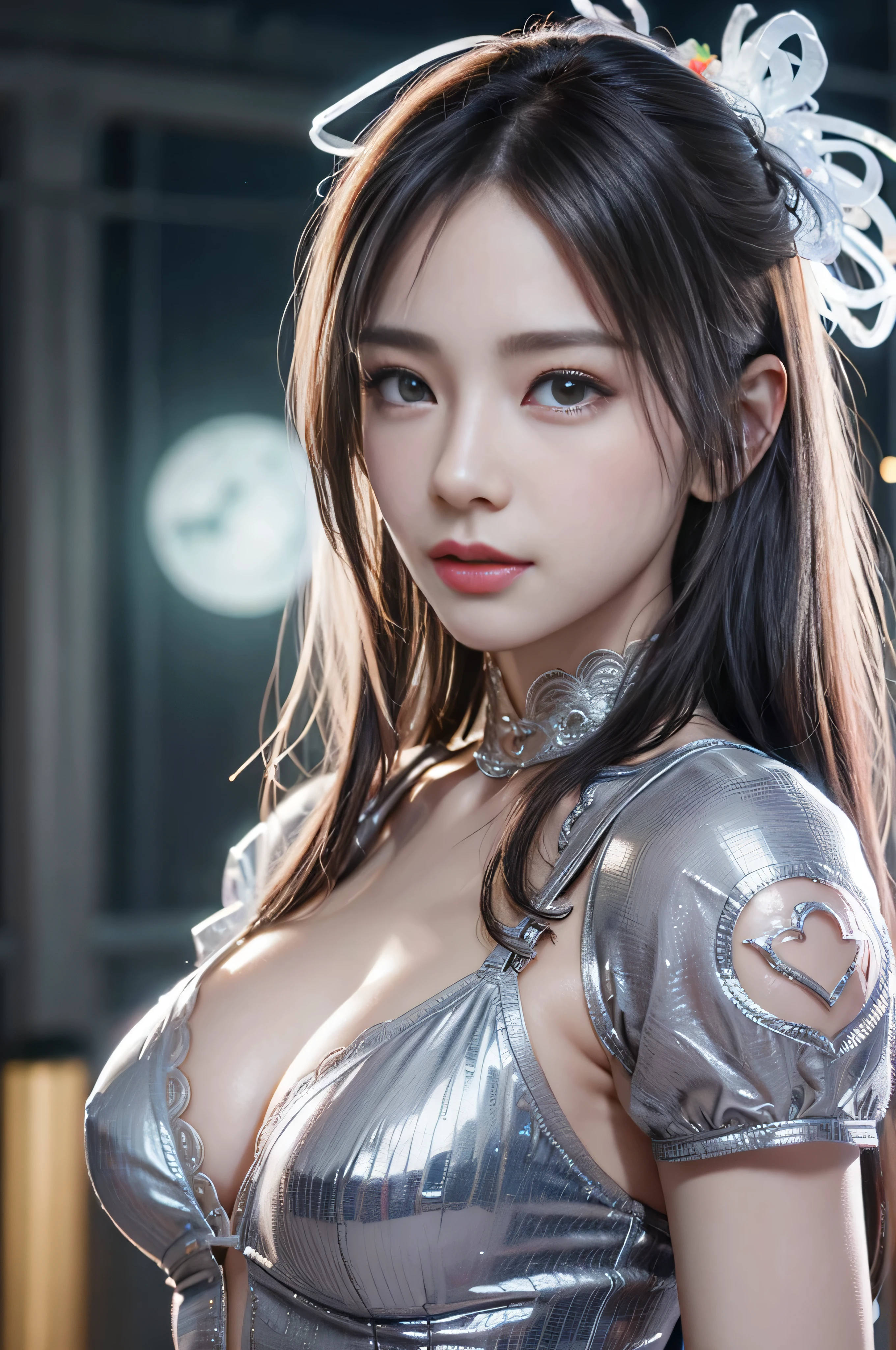 (RAW image quality), highest quality、8K masterpiece、超A high resolution、(Photoreal:1.3)、Raw photo、1 girl、silvery hair、glowing skin、1 Cyberpunk Super Beautiful Soldier、((Ultra realistic details))、cowboy shot、global illumination、Shadow、octane rendering、8K、super sharp、beautiful breasts、Raw skin exposed in cleavage、(Transparent plastic microblading:1.4), Metal、cold color、Underboo Boo、very intricate details、realistic light、CG Society Trends、beautiful eyes、shining eyes、towards the camera、neon details、