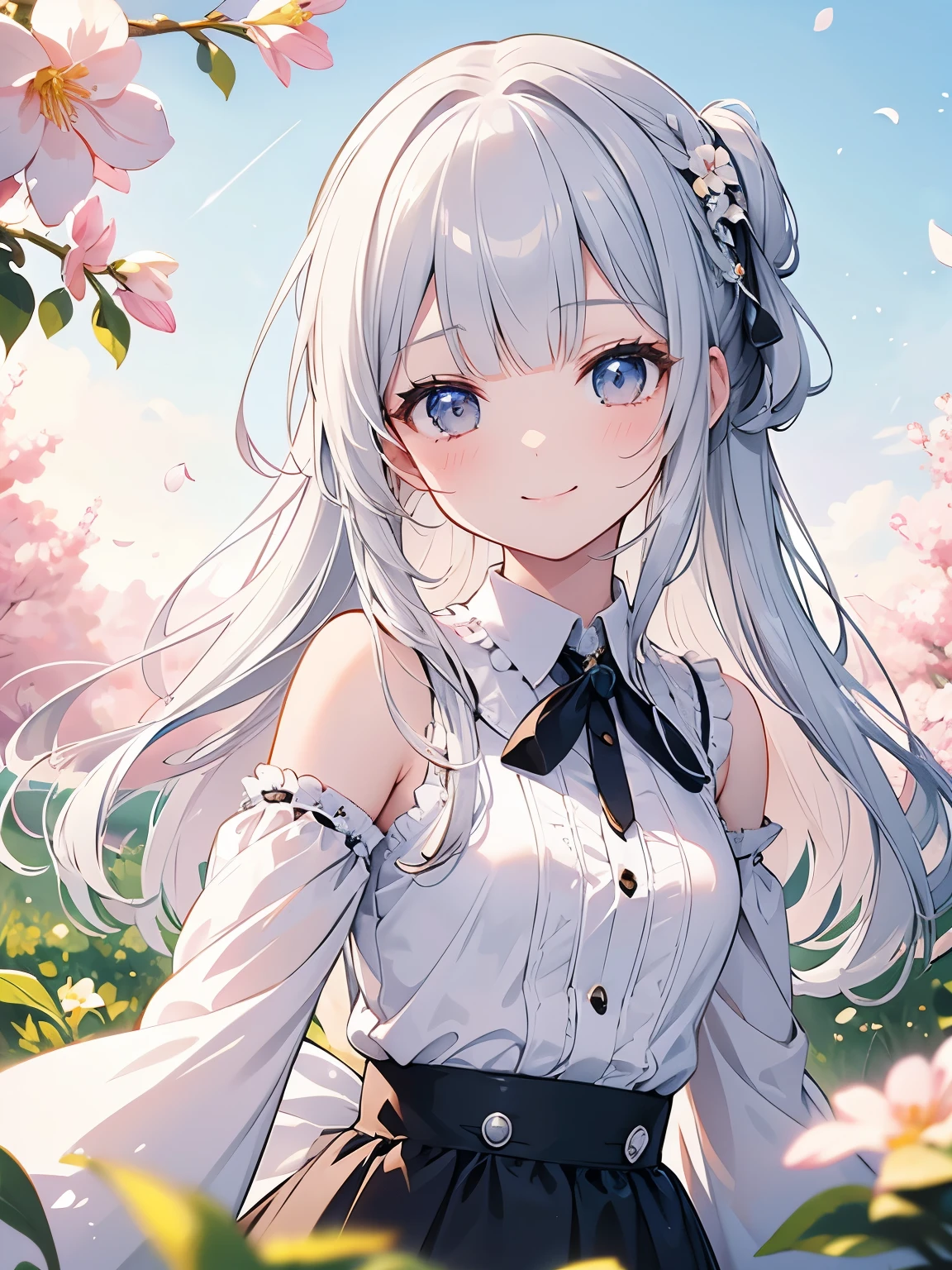 masterpiece, best quality, ultra-detailed, illustration, cute, Girl, Solo, Silver hair, fairy, blunt bangs, blouse, smile, flower, spring