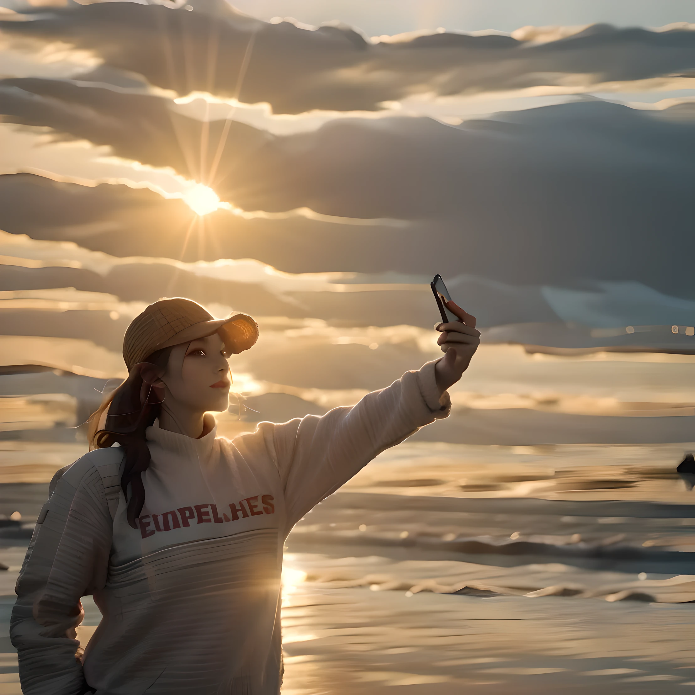 (best quality,4k,8k,highres,masterpiece:1.2),ultra-detailed,realistic,photorealistic:1.37,portraits,beautiful detailed eyes,beautiful detailed lips,extremely detailed face,long eyelashes,1girl,standing on a cruise,taking a selfie with a smartphone,on the sea, surrounded by colorful clouds,
with the rising sun shining in gold.