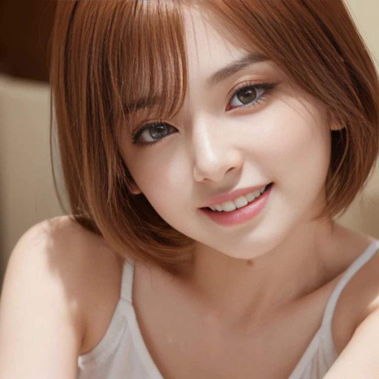 "(best quality, high resolution, tabletop, wallpaper, (realistic:1.5), bright lighting, professional lighting, face light, smooth lighting, Japanese woman, adult, beautiful woman, action, gravure, sexy, slender, incredibly beautiful, (very beautiful detailed eyes:1.75), detailed face, slim, very short fluffy hair, red hair color, brown eyes, drooling eyes、look into the camera, (ecstasy:1.25), (orgasm:1.25), Smile、close-up of the face, camisole)"
