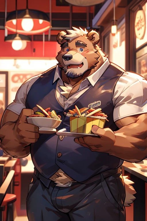 A glamorous, muscular, anthropomorphic bear animatronic character, Glamrock Freddy, in an intimate, erotic encounter with the voluptuous, curvy Loona, an anthro wolf character, in a dimly lit security room at night, surrounded by scattered pizza slices. Loona enthusiastically licks Freddy's large, bulbous, well-endowed member. Highly detailed, photorealistic, 8k, masterpiece