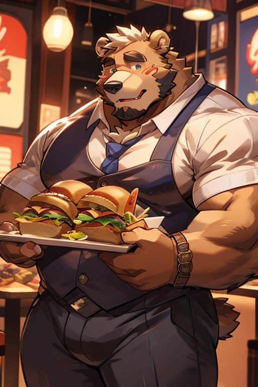 Men, men furry design character, furry bear,he has big muscles, his body is fat, he is a father, dad, daddy,the character likes to eat, In his hand he carried fast food, her facial expression is adorable and greedy
