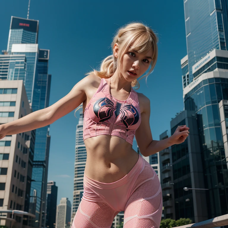Gwen Stacey as Spidergirl, wearing a white-pink spidergirl clothes and, 8k, uhd, sporty slim and fit body, determined face, detailed face, body, she is chasing Venom among the skyscrapers