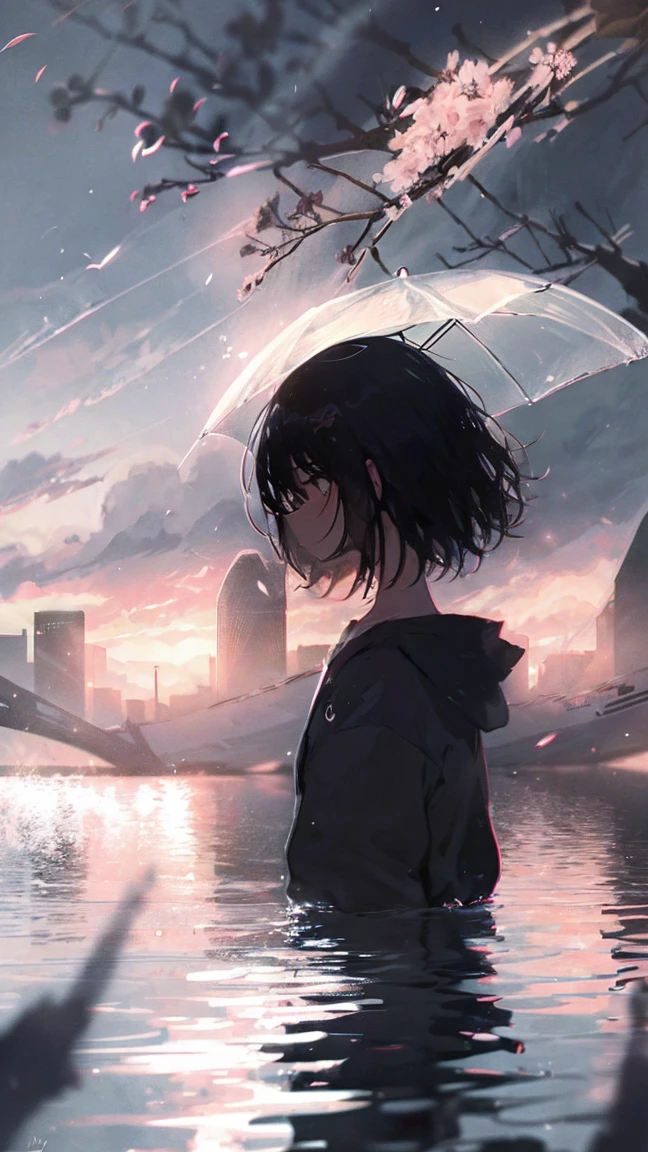 Product illustration of a girl in the rain,cherry blossoms,water中で,water,black hair,short bob,white skin,waterに浮いている