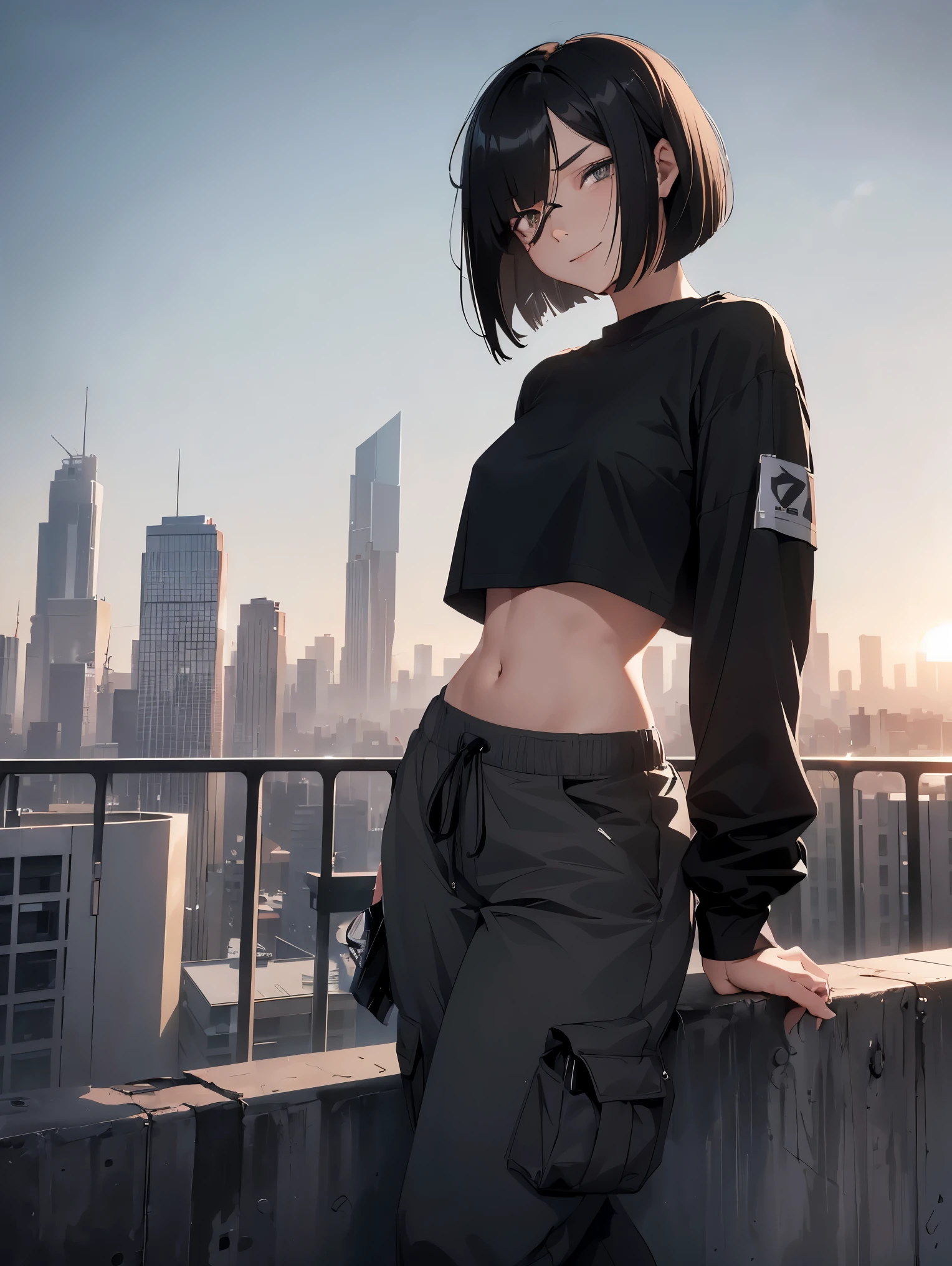 1girl, (black hair), ((long bob haircut), (side swept, messy hair: 1.15), (slender: 1.15), hourglass body, (((grey eyes))), (freckles:1.15), wearing a black sports cropped top, some grey loose-fit cargo pants, white sneakers, (black eyepatch: 1.15), smiling, badass, 18 years old, Female Runner, Parkour girl, on the rooftop of a building, sunset, dystopian city,  UHD, Masterpiece, High Quality, High Detail, Top Quality, Hi-Res, HD, 16k, 8k, 4K