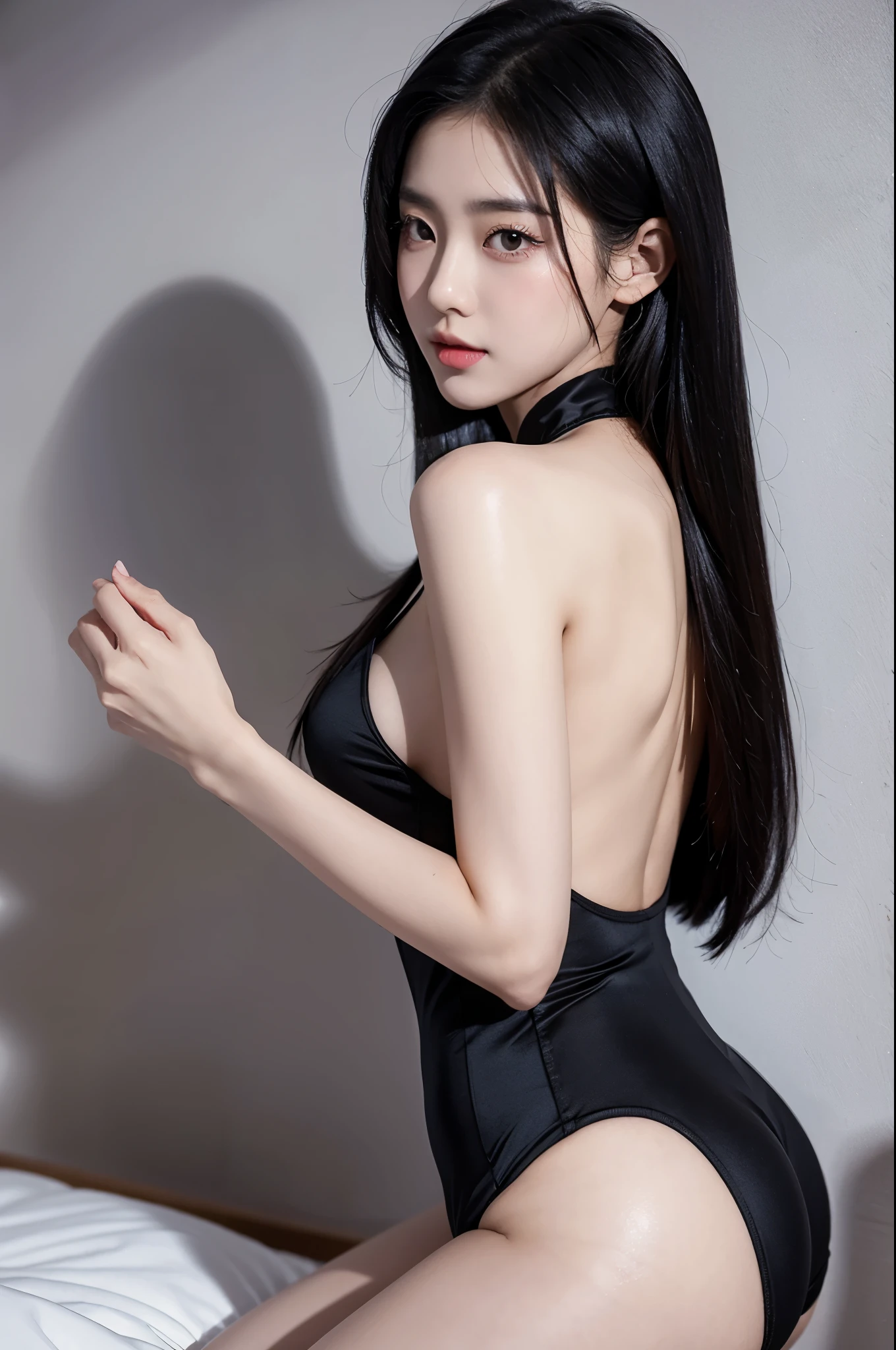 beautiful korean girl with long black hair, wearing a sexy maid outfit cosplay, in her bedroom, leds on the wall