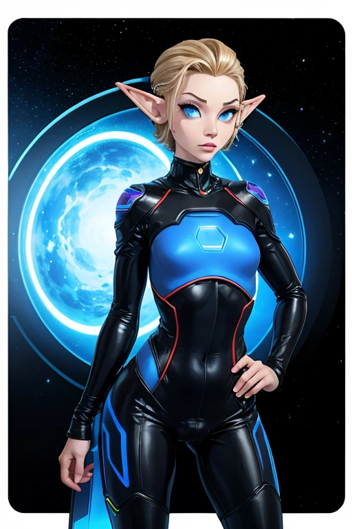 Cute elf, femboy, tomboy, space station background, thin body, slim, tron bodysuit, short hair, dark blonde hair, slick back hair, forehead, huge bulge in pants, blue eyes, forehead, flat chested 