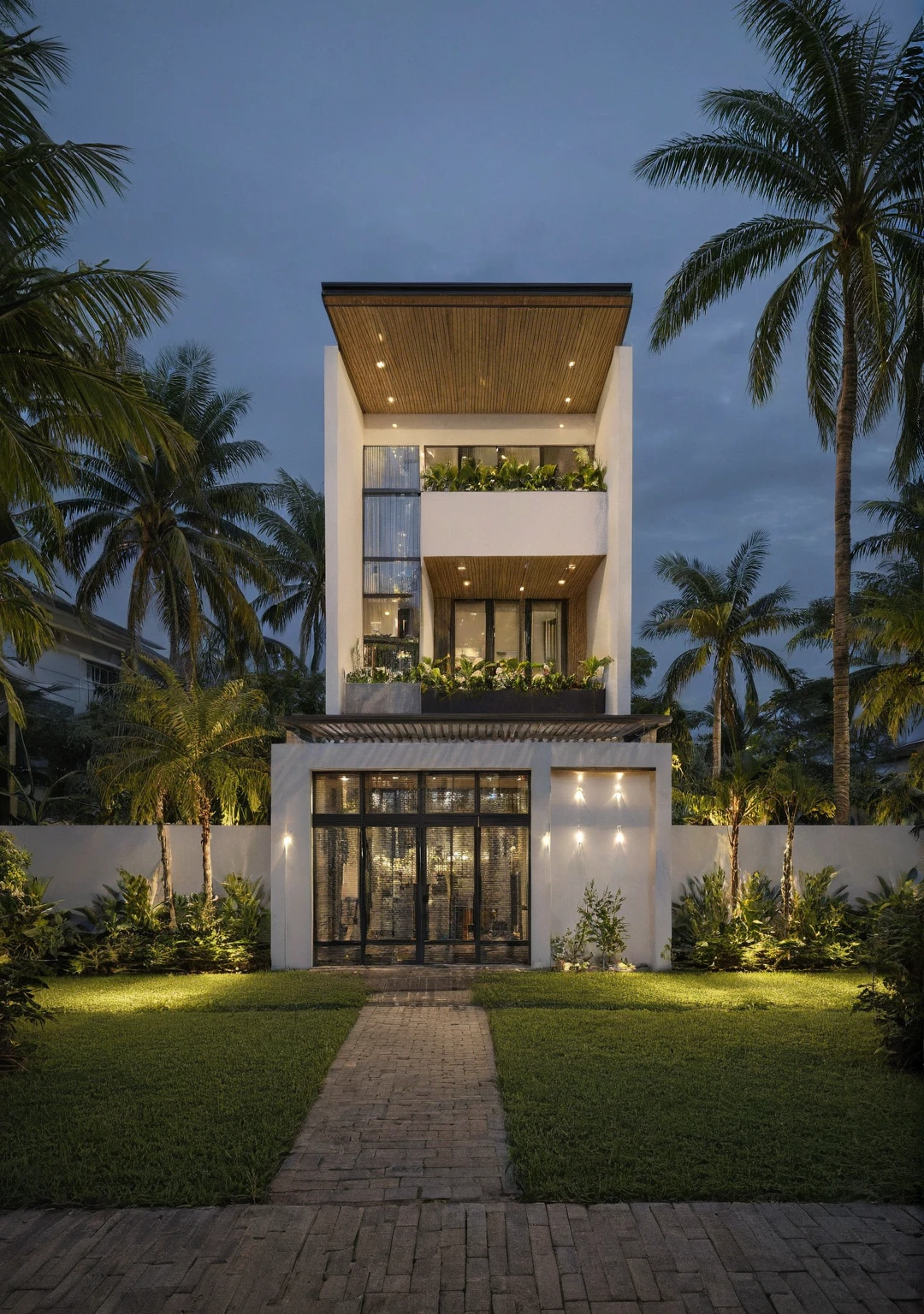 RAW photo, outdoor, (residential architecture exterior:1.3), 1 house architecture, (elegant), Singapore tropical modern house style, white wall and glass and rock and black steel and wood, (Luxury home with exquisite finishing:1.3), (wood),Beautiful tropical garden, warm yellow light in the interior, dark night sky, (high detailed:1.2), (Evening environment with warm dominant interior lighting), 8k uhd, ds, soft lighting, high quality, film grain, Fujifilm XT3   