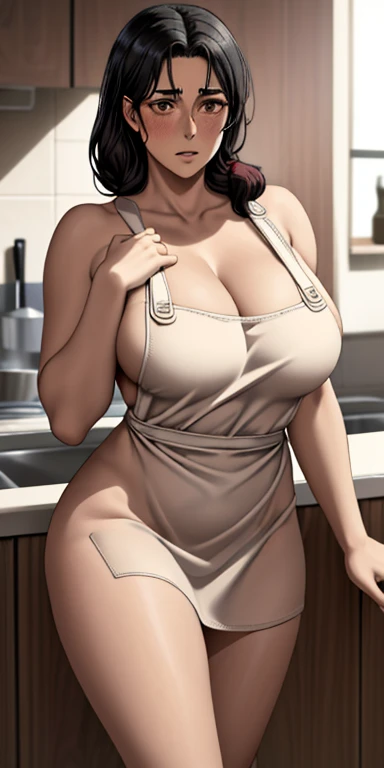 1girl, solo, black hair, hair over shoulder, butterfly hair ornament, (:1.3), (white apron), , cleavage, thighs, cafe background, (blushing:1.3), brown eyes, Carla Yeager, standing, realistic eyes, perfect shaped beautiful body