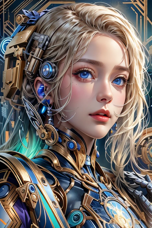 photorealistic, Realistic picture,Masterpiece,high resolution, woman ,have blue eyes, look at the viewer., (detailed face), has blue eyes,blonde hair, cybernetic robot,Purple body_metallic red/gold color,(The details of the outfit are perfect.) The background is a deserted city.