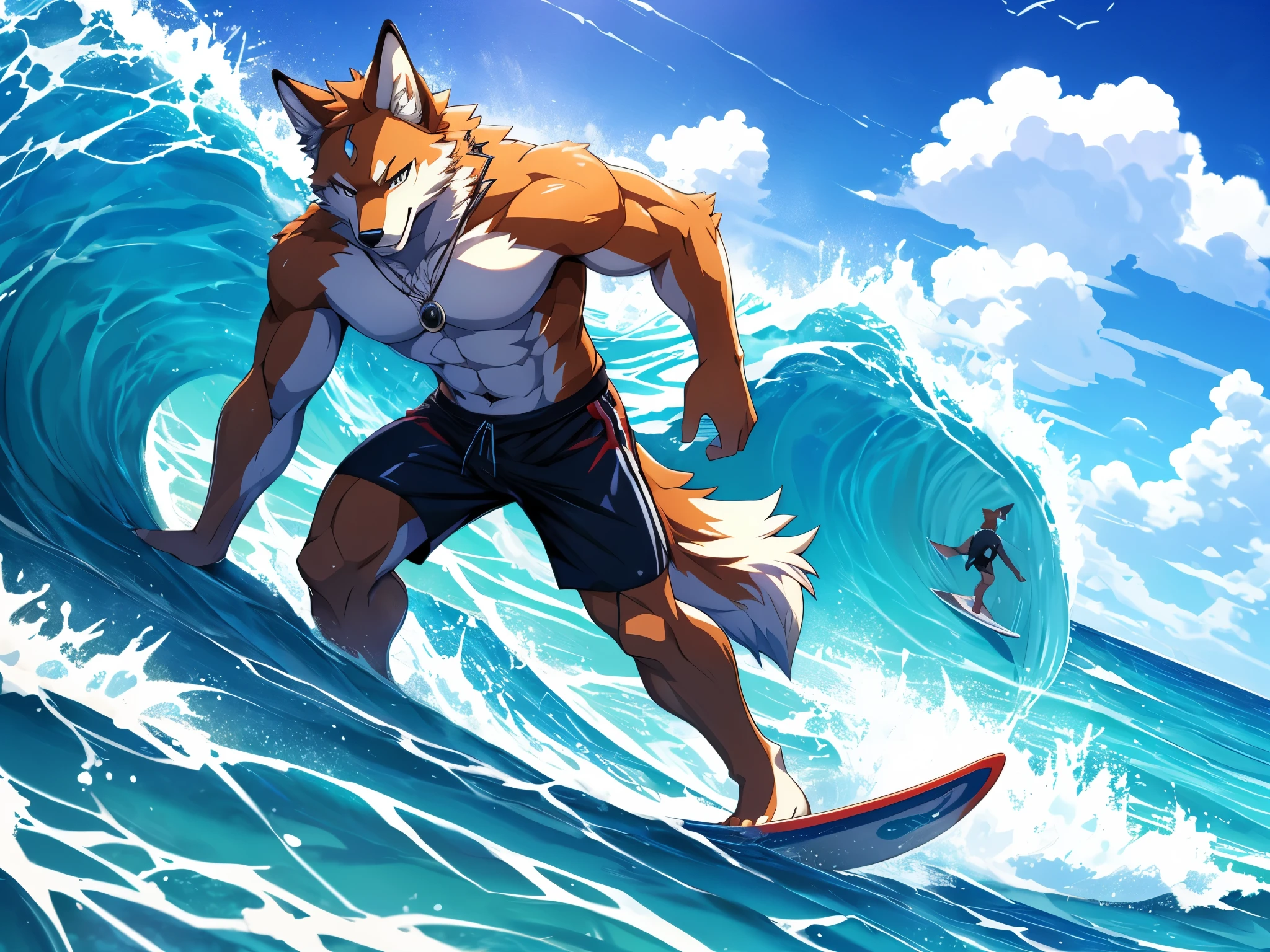anime character there is a Wolf male, wearing shorts, playing a surfing board on the water, surfing the ocean waves, the surfboard is at the foot, surfing, ocean waves, commission for high res, furry art!!!, sfw version, sfw, anthro art, fursona art, furry art, fursona furry art commission, very very beautiful furry art, high quality fanart, detailed fanart, fullbody commission for, furry anime, tsunami behind him, official art, commission for, perfect anatomy, realistic anatomy, full body like, slim body, good looking, anime style, 8k, 4k anime wallpaper, anime art wallpaper 8 k, 2 d art, 2d art, anime art wallpaper 4k, detail art