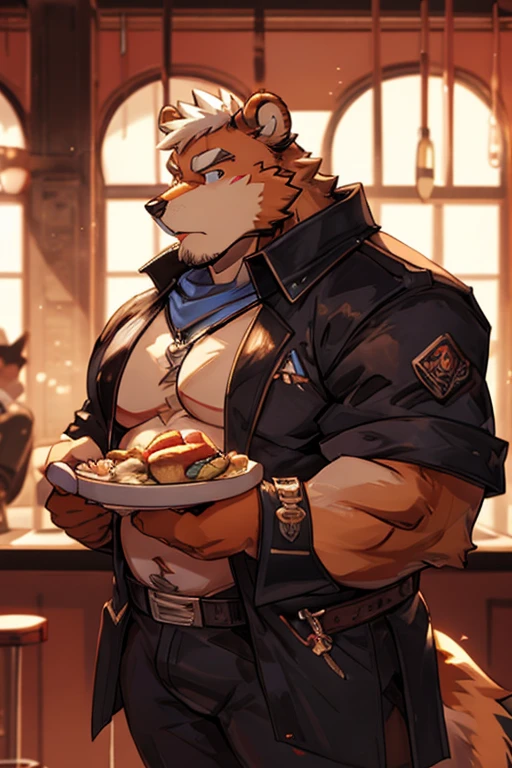 Men, men furry design character, furry bear,he has big muscles, his body is fat, he is a father, dad, daddy,the character likes to eat, In his hand he carried fast food, her facial expression is adorable and greedy, full body, concept art, art concept furry