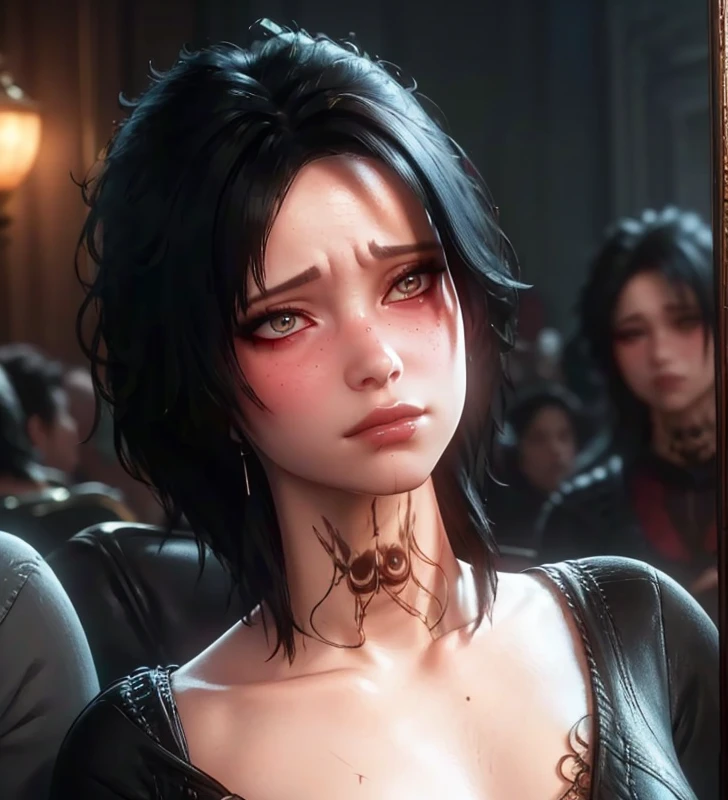 (best quality,4k,8k,highres,masterpiece:1.2),ultra-detailed,(realistic,photorealistic,photo-realistic:1.37),Evelyn,close-up,complete face detailed,blushing,baldur's gate 3,solo,beautiful detailed eyes,beautiful detailed lips,extremely detailed eyes and face,longeyelashes,dynamic facial expression,distinctive features,emotional eyes,pouty lips,supple skin,rosy cheeks,vibrant blush,smooth and flawless complexion,great attention to facial contours and proportions,clear definition of facial features,hairstyle: elegant and flowing,graceful and natural movement of hair,subtle strands gently framing the face,subtle hints of sunlight illuminating the hair,subtle highlights and shadows creating depth and dimension,perfectly positioned lighting to highlight the facial features,delicate play of light and shadow,soft and diffused lighting,bringing out the texture and details of the skin,subtle glow on the cheeks,dramatic yet natural-looking colors,vivid and warm color palette,subtle use of complementary colors to enhance the overall mood,artistic and painterly rendering,impeccable attention to detail and realism,art style: intricate and sophisticated,influences of fantasy and realism,meticulously crafted background elements,subtle hints of the Baldur's Gate 3 world,subtle nods to the game's aesthetics and themes,subtle references to Evelyn's character and story,prominence of Evelyn in the composition,engaging and captivating gaze,expressive and emotive eyes capturing the viewer's attention,intriguing narrative conveyed through Evelyn's facial expression and body language,immersing the viewer into the world of Baldur's Gate 3,sense of depth and realism,impressive level of detail and clarity,striving for a lifelike representation of Evelyn,showcasing the beauty and uniqueness of Evelyn through intricate and precise brushwork.