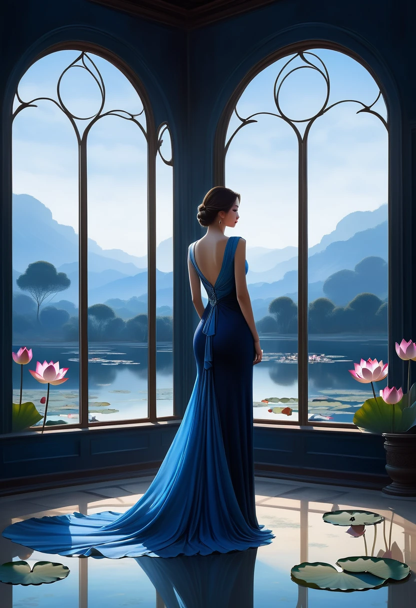 beautiful dark room,There is a big window, The scenery outside the window,(Looking out from the window:1.5),Roman style windows,An elegant woman wearing a blue gradient dress standing by the window. A large lotus pond outside the window, creating a surreal ambiance. Inspired by concept artist Mobius, The color has a strong contrast between light gray and dark navy blue, Create a sense of mystery.
