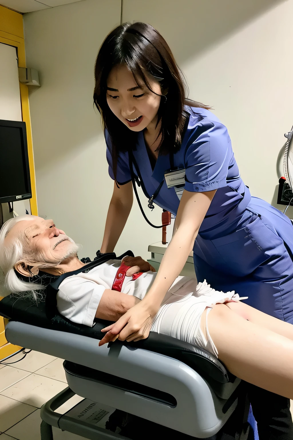 Perfect face of a woman, beautiful 20 years old nurse, wearing nurse uniform, white background, wearing red wristwatch, performs a bdsm torture to a brain-dead patient, old man, life support patient on a machine, machine sucking and extracting blood, masterpiece, hd resolution, high quality, show the nurse and the (patient) (old man patient on a life support machine) (brain-dead patient) (nurse tortures and operates the patient using the machine)