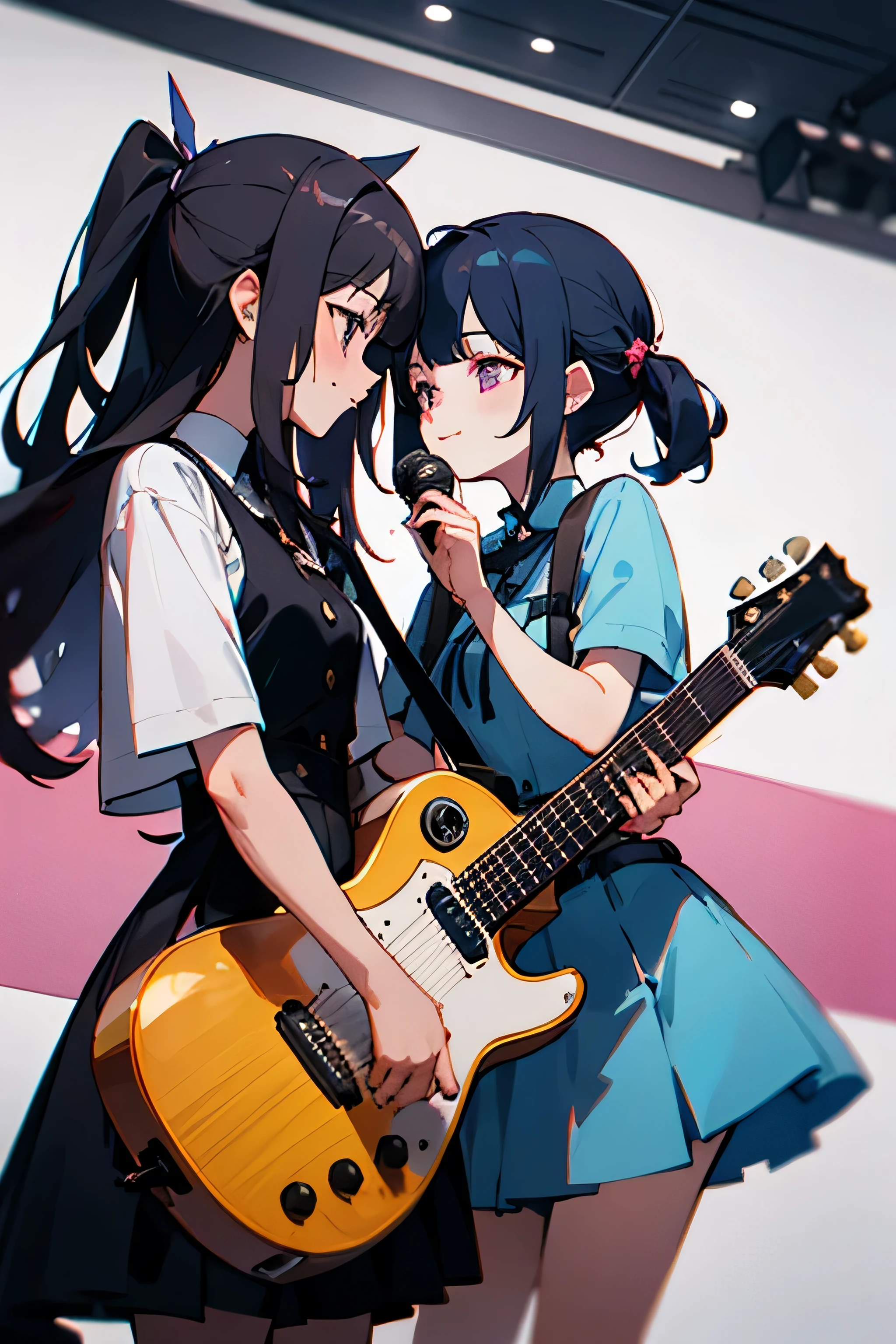 ((best quality)) 2 girls, 1st girl with black hair is playing and holding the guitar, 2nd girl with dark violet hair is holding a mic, they are looking at each other with love and a small smile