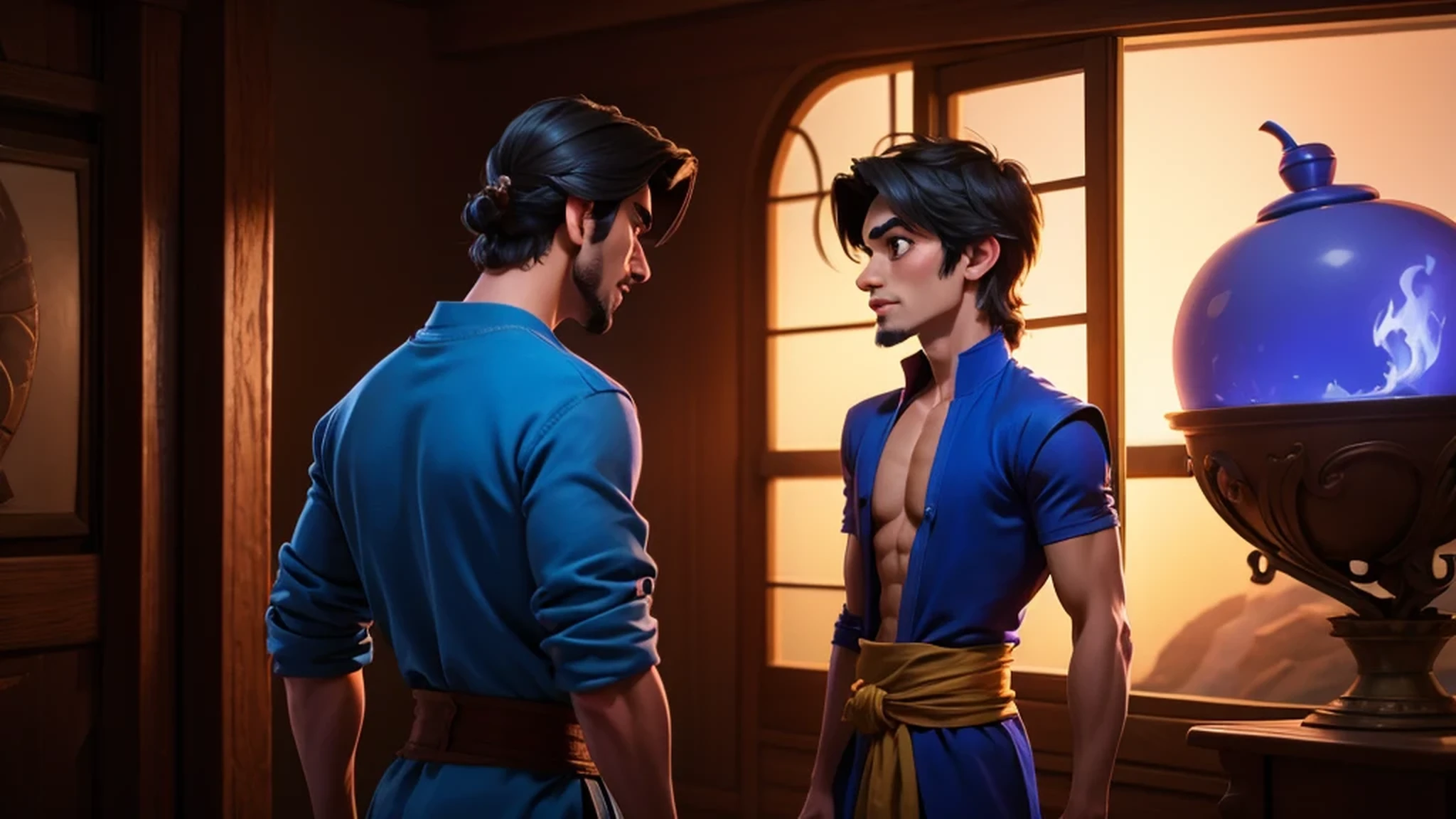 Aladdin meeting the mysterious stranger, Jafar, who offers him a chance to change his fortune.