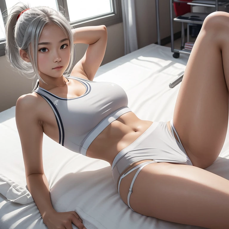 , school girl, sports bra, short , ponytail, fit clothes, red eyes, silver hair, camel toe,Lying with legs spread, Translucent dress,