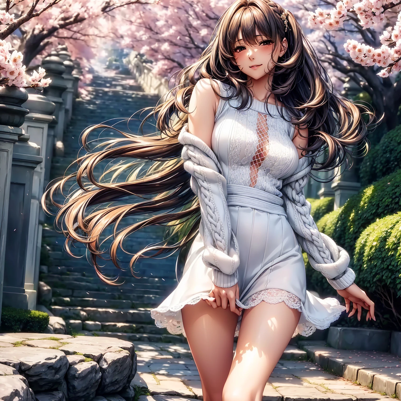 (((highest quality、masterpiece、very high resolution、High-definition images)))、Beauty Painting、realistic portrait、One strong-willed beautiful girl:18-year-old、beautiful body:Slender, beautiful breasts and beautiful legs、beautiful face:smile、eyes with strong will,beautiful hair:various hairstyles 、(best skin and hair texture,realistic skin texture,realistic hair texture)、((Large Sweater:Shoulders and chest are exposed、lace panties))、beautiful park、beautiful cherry blossoms、stone steps、beautiful sky、Natural light、beautiful scenery、model pose、beautiful pose、model shoot、fashion shoot、(((The wind is blowing))),stone stepsを登り下から見上げるアングル,accurate image:1.5、accurate anatomy:1.5、Image without defects、perfect image、Overall image、(best shot:1.2、Raw photo:1.2)