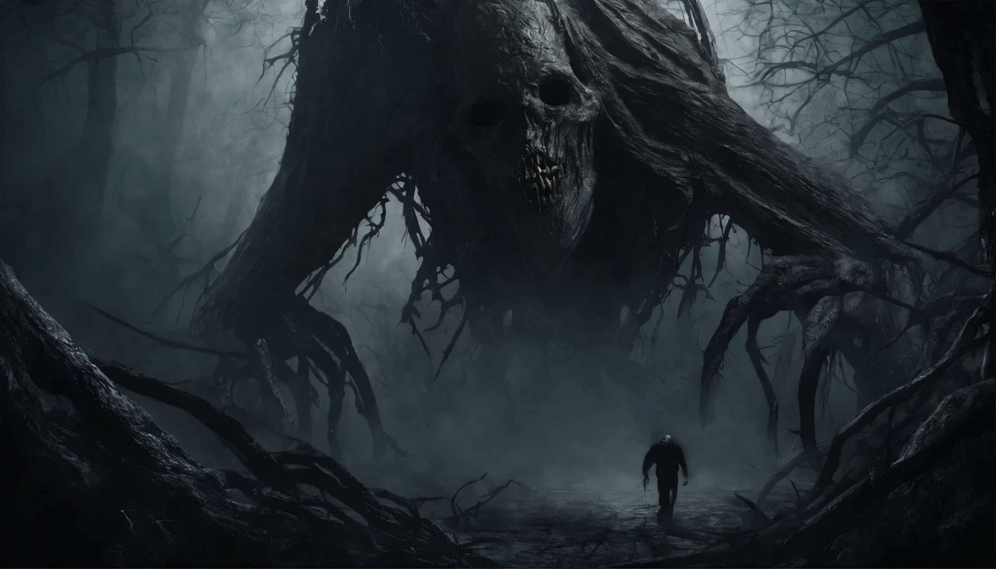(1 terrifying and charismatic monster made from a Cave Swamp tree trunk, have a very pronounced mouth), Branches come out from the head, look at the camera, hypnotic and detailed eyes, built into the tree itself, be confused with them, dark energy, spectrum, very detailed, Natural light, Posthuman, face, neutral, meat, universeの恐怖, alien organic nightmare, fantasy, dream as art, higher resolution,8K,QG, very detailed 8K wallpaper, Complex, high detail, sharp focus, dramatic (full moon), realist, works of art, better quality, space, universe, magic, Complex, very detailed, kind, sharp focus, dramatic lighting, chromatic aberration, Depth of the bounds written, soft lighting, ,tentacles from skull full moon, transmitted by blood, corporal horror