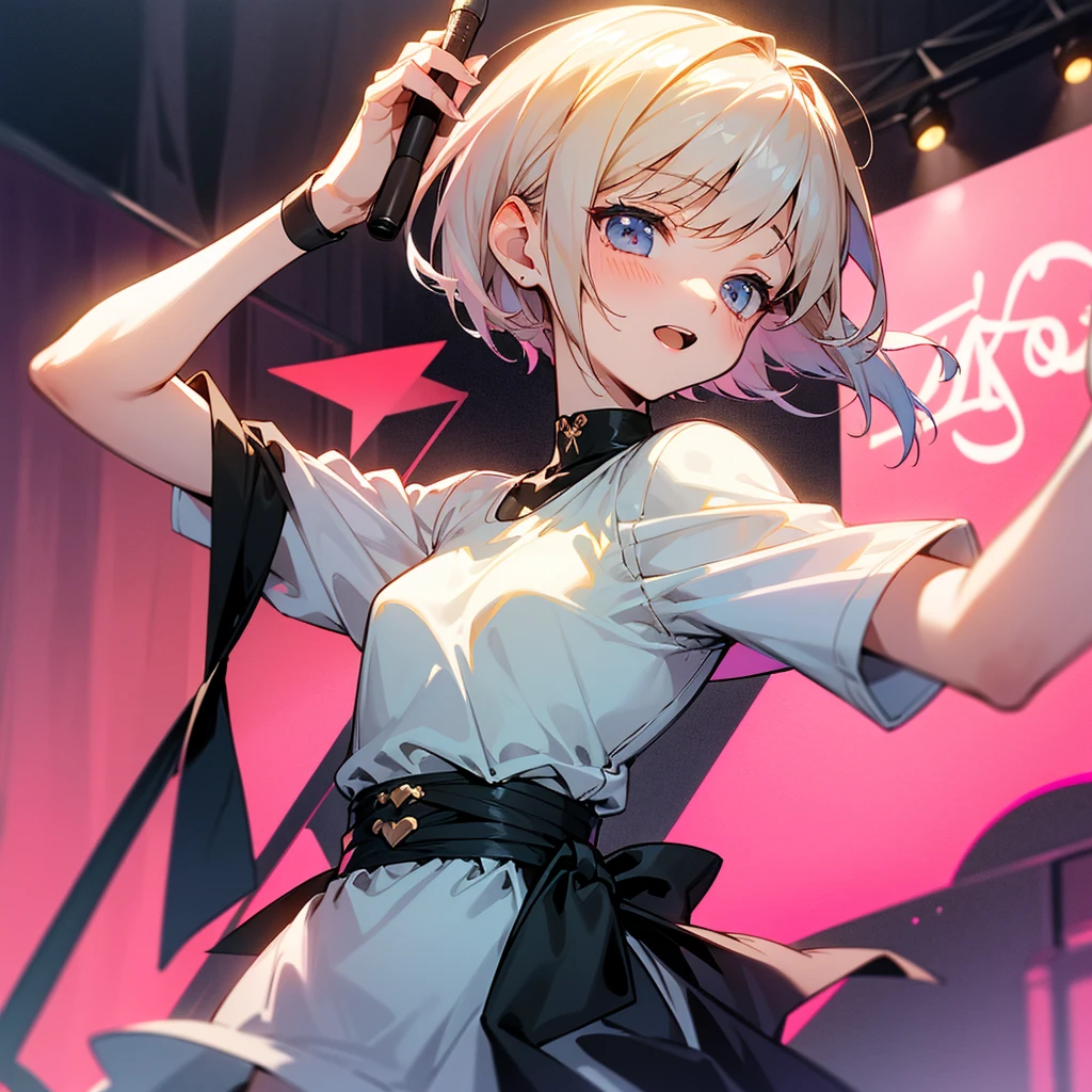 beautiful girl、cool、Man wins、cool、boyish、enthusiastic singing、Slender and delicate、small breasts、cool girl、live house、Live Scene、band vocalist、high layer cut、short bob、Cream-colored hair with a slight pink tint、casual fashion、boyishなファッション、Oversized Fashion、