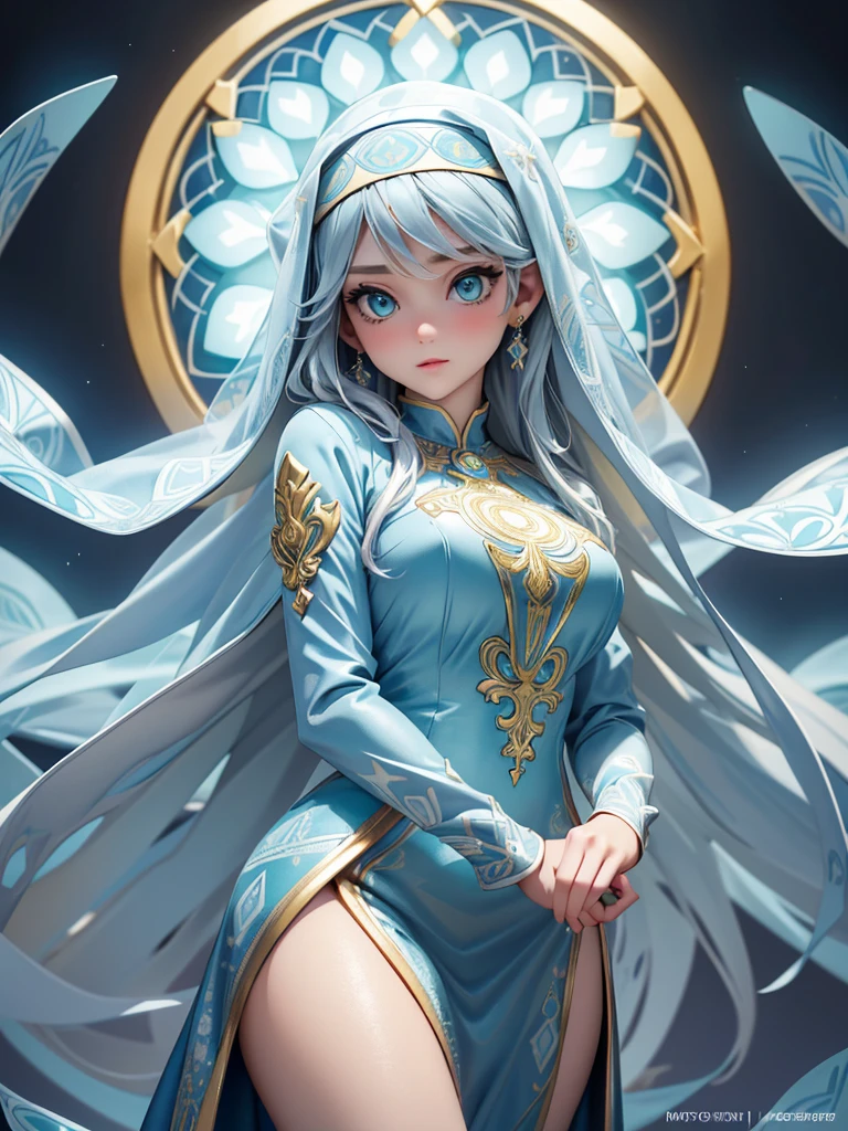 (best quality, high resolution, masterpiece:1.2), Super detailed, Beautiful and delicate lake green eyes, Beautiful and delicate lips, extremely detailed face, super long hair, 1 girl, Beautiful girl with aqua blue hair, Wearing a dark blue nun costume, see-through chiffon platinum nuns headscarf, (gold ornaments), ((golden and silver pattern)), (light blue pattern:1.37), (complex pattern:0.9), Lovely, attractive, portrait, delicate eyes, ancient church, Luminous earrings, Reflective pupil, see-through clothing design, (empty:0.7), chiffon, (lace:0.7), black gloves, Cubist Futurism, anime, Cubist Futurism, anime, 8K, textured skin, UHD, ccurate, textured skin, super detail, UHD, ccurate