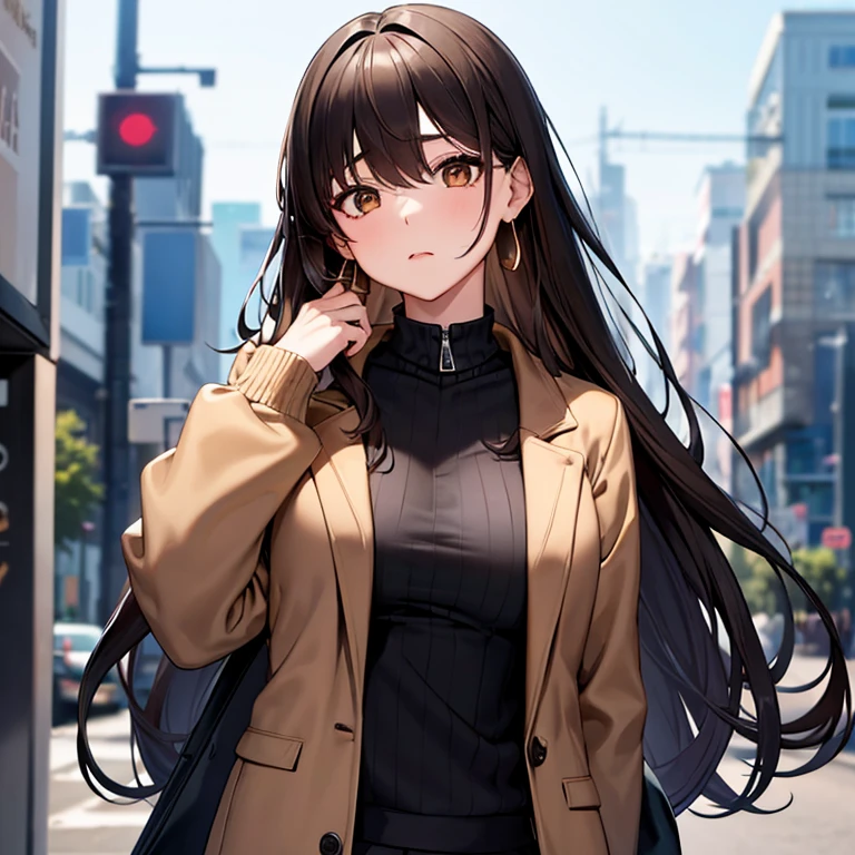 rolua,, , 1girl, ahoge, bangs, black skirt, black sweater, blue nails, blurry, blurry background, breasts, brown eyes, brown hair, brown jacket, closed mouth, dated, day, depth of field, earrings, eyelashes, hand up, head tilt, jacket, jewelry, long hair, long sleeves, looking at viewer, medium breasts, nail polish, open clothes, open jacket, outdoors, puckered lips, shirt tucked in, sidelocks, skirt, sleeves past wrists, solo, sweater, upper body, zipper, , , ((masterpiece)), ,