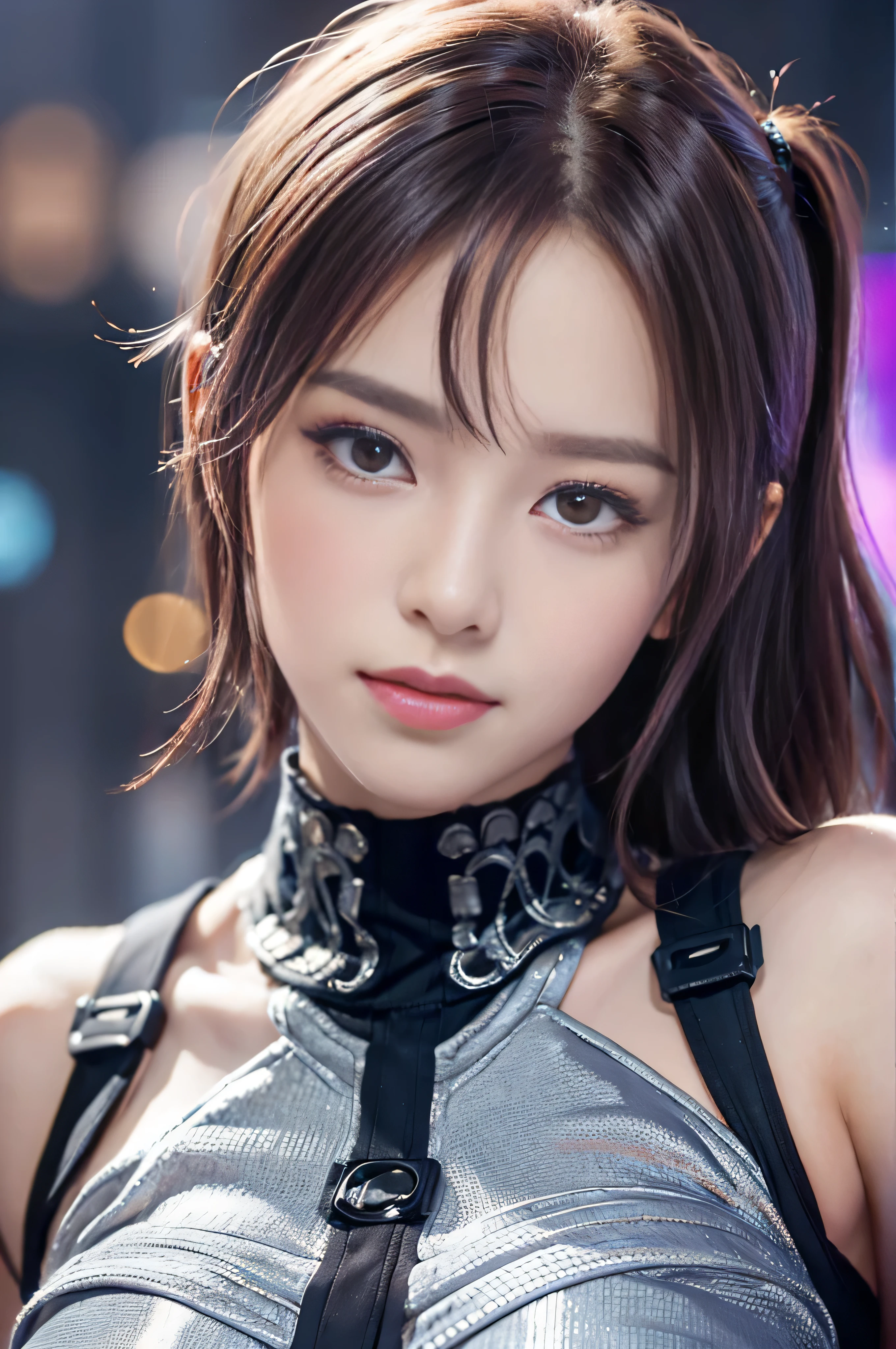 (RAW image quality:1.4), (8K, realistic, Raw photo, highest quality: 1.4), (1 girl), super beautiful, (realistic face), (boyish, Silver-colored berry shorthair), beautiful cyberpunk suit, A glare that seduces the viewer, beautiful expression, beautiful breasts, (realistic skin), Beautiful smile, (soldier), Charm, 超High resolution, surreal, High resolution, spoiled