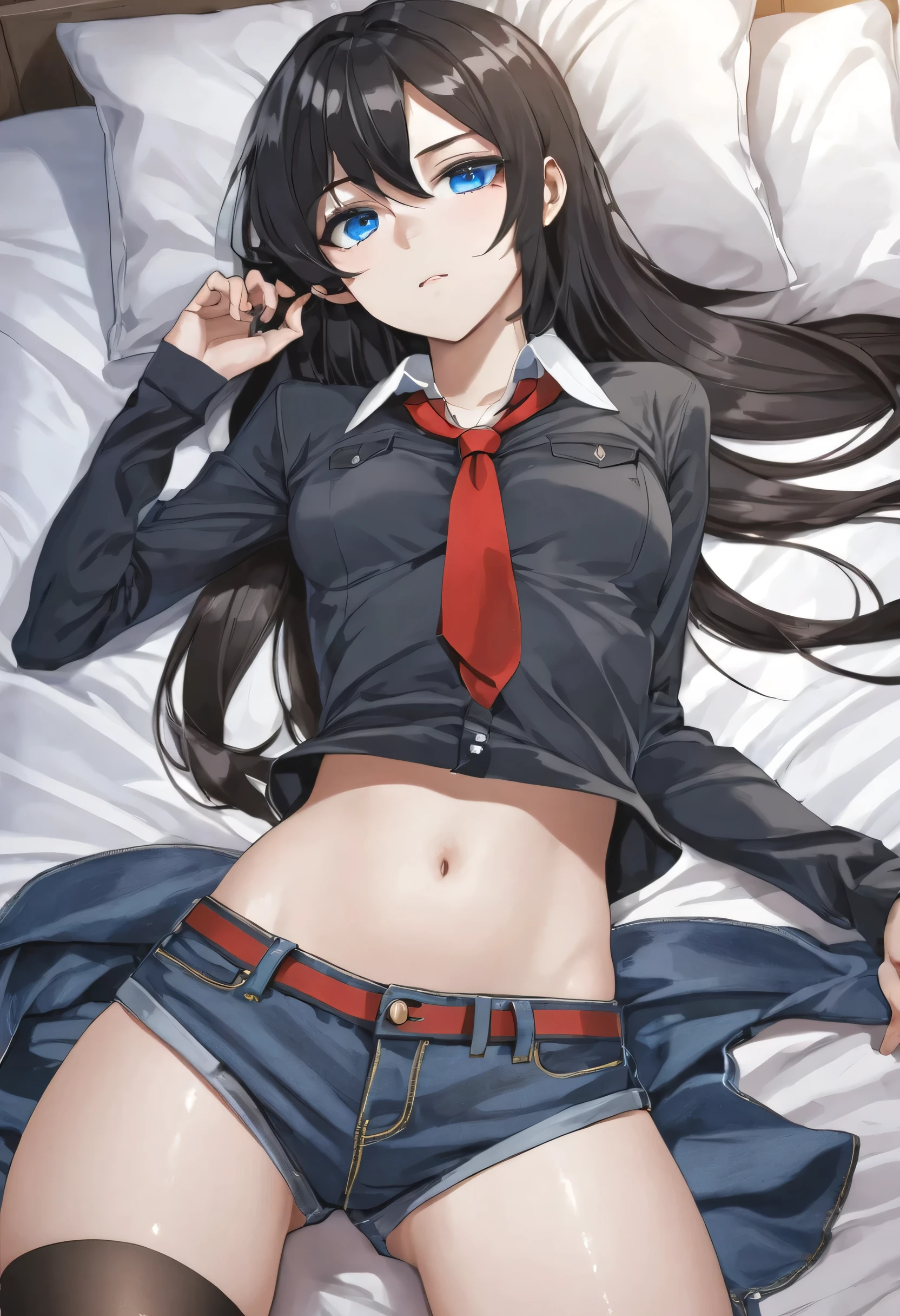 anime girl,long hair,Exterior Black, Inner Red, two tone hair,blue eyes,White Men&#39;s Long Sleeve Shirt,denim shorts,black pantyhose,high resolution,very sharp,8 thousand,extra fingers,Reduced number of fingers,(bad anatomy),NSFW,bed,Bewitching pose
