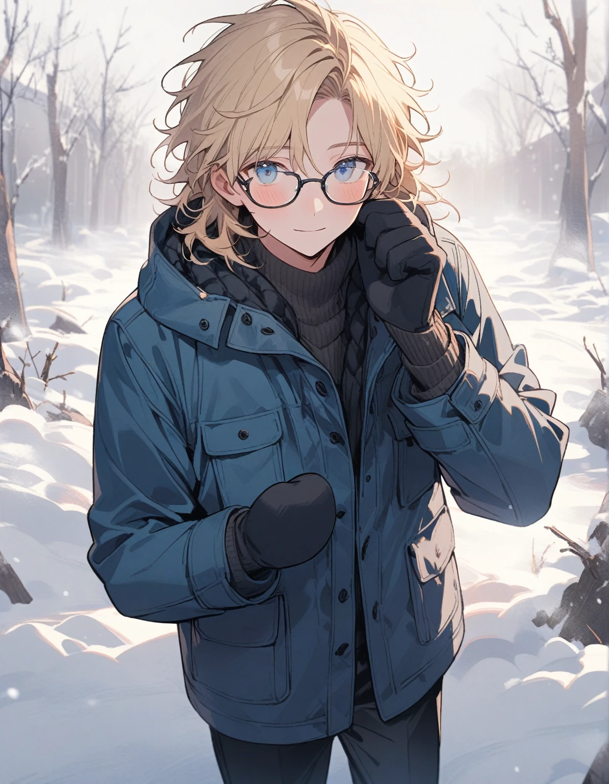 1 man, alone in the field, male build, blue eyes, blond hair, short disheveled hair with bangs, looks at the viewer, wears glasses, wears a black and blue winter jacket, black mittens, black trousers, walks in the snow, snow, light smile, blush, dark, delicate tones