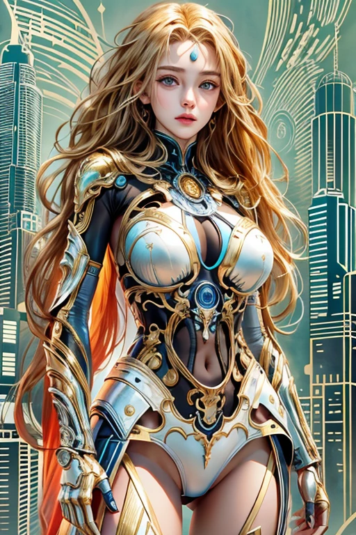 Virtual image,Realistic 8K images,High quality,Complete and accurate anatomy,Masterpiece,The girl had long, flowing golden blonde hair.,has blue eyes,Has a beautiful plump chest.,bikini,white body_metallic red_gold color,Cybernetics,future world,Stand with your legs spread apart.,standing with back pose,Turn to look into my eyes,Capital backdrop