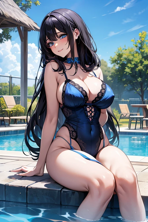 (((Black hair))), long hair, blue eyes, sexy, large breasts, beautiful body, masterpiece, smile, (((sky blue color lingerie))), sexy lingerie, hotel swimming pool,busty, buxom, curvy, voluptuous