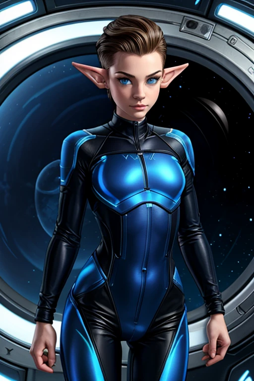 Cute elf boy, tomboy, masculine, youthful,  space station background, thin body, slim, tron bodysuit, short hair, dark blonde hair, slick back hair, forehead, huge bulge in pants, blue eyes, forehead, flat chested 