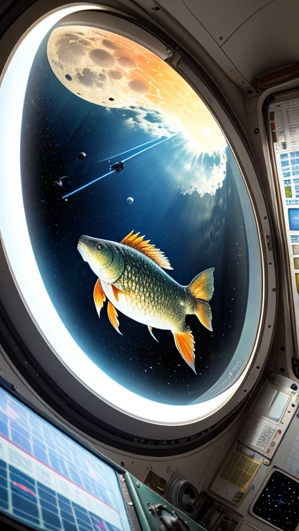 Giant crucian carp in outer space wants to eat the moon, view through the window from inside the space station 