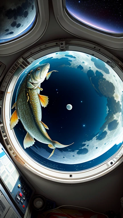 Giant crucian carp in outer space wants to eat the moon, view through the window from inside the space station