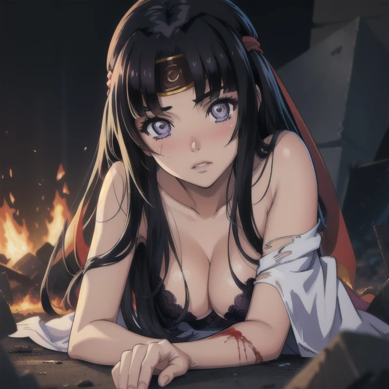 ((masterpiece, best quality, high resolution, UHD, pixel perfect, depth of field, 8k, RTX, HDR)), BREAK, 1girl, single, alone, beautiful anime girl, beautiful art style, anime character,
((style of Akame Ga Kill!)),((long hair, black hair)), (purple:1.4, round eyes, beautiful eyelashes, realistic eyes), big chest 1.5, with cleavage, black bra, blushing, face and arms with stains of dirt and dust,
BREAK, wears a red band on her head, with a torn Busdist priestess kimono, clothes in tatters and with blood stains BREAK, lying on the ground with a broken katana and covered in blood, with cloudy sky and lightning from the sky, surrounded by rubble and fire flames around.