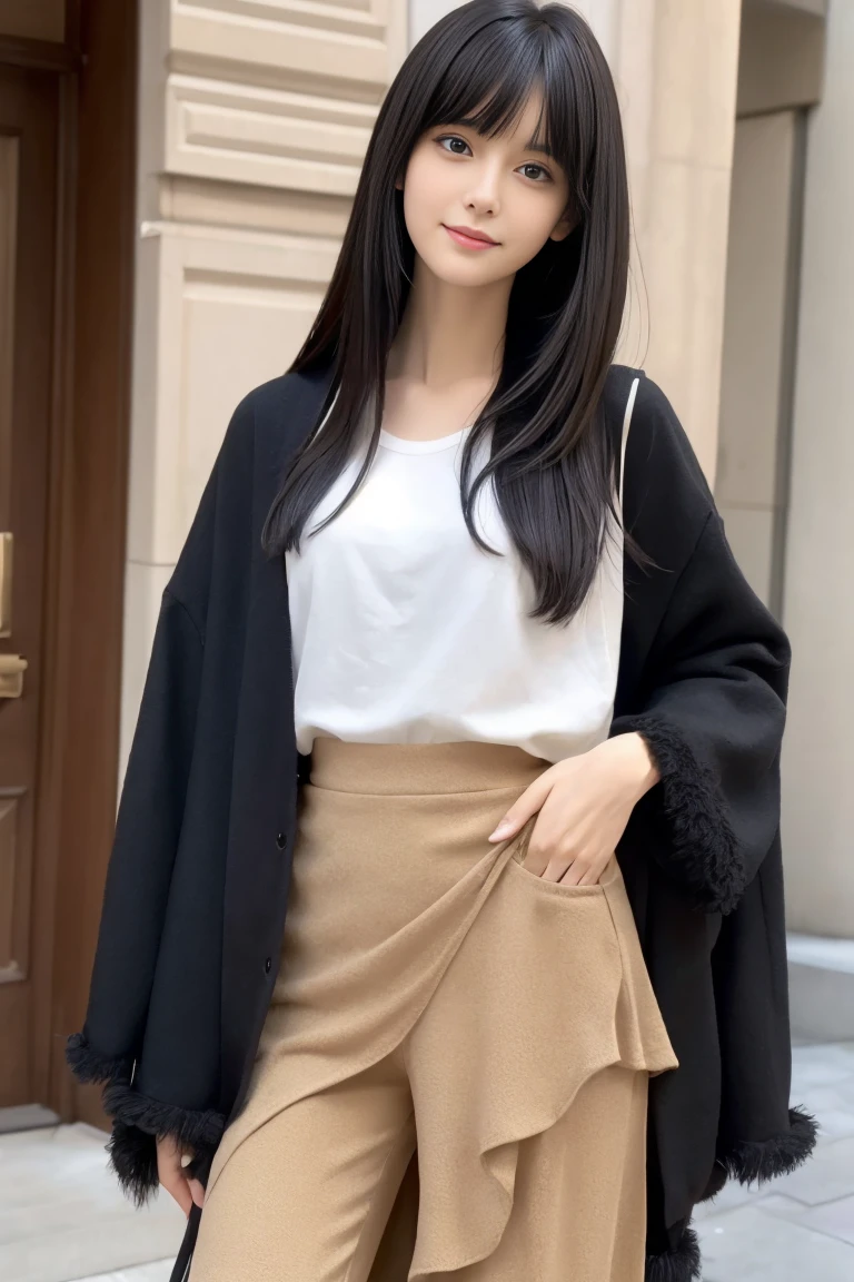 (((masterpiece, highest quality, Super detailed))), 1 female, (((very thin body))) , (((length, thin legs))), (((black straight hair, thick and fluffy bangs ))), (((highly detailed face))),smile, cosmetics free, Small, thin nose, small thin mouth, (((Very sharp focused eyes))),  Japanese,  beautiful face, (lifelike face),  beautiful hairstyle, realistic eyes, fine and beautiful eyes, (real looking skin), beautiful skin, charm, ultra high resolution, surreal, high detail, golden ratio, (detail makeup:1.2),Asymmetrical spring jacket：While maintaining the traditional jacket shape、肩のラインや袖のlengthに不規則なカットを取り入れ、Creates a unique balance。Layered Bottoms：The pants and skirts are made of overlapping panels of different materials and colors.、Vary movement and texture。Customized Accessories：Dismantling traditional accessories、Reconstruction、By changing the material、Give it a unique artistic quality。Based on this prompt、Create a Margiela-inspired outfit with a reimagined traditional theme。