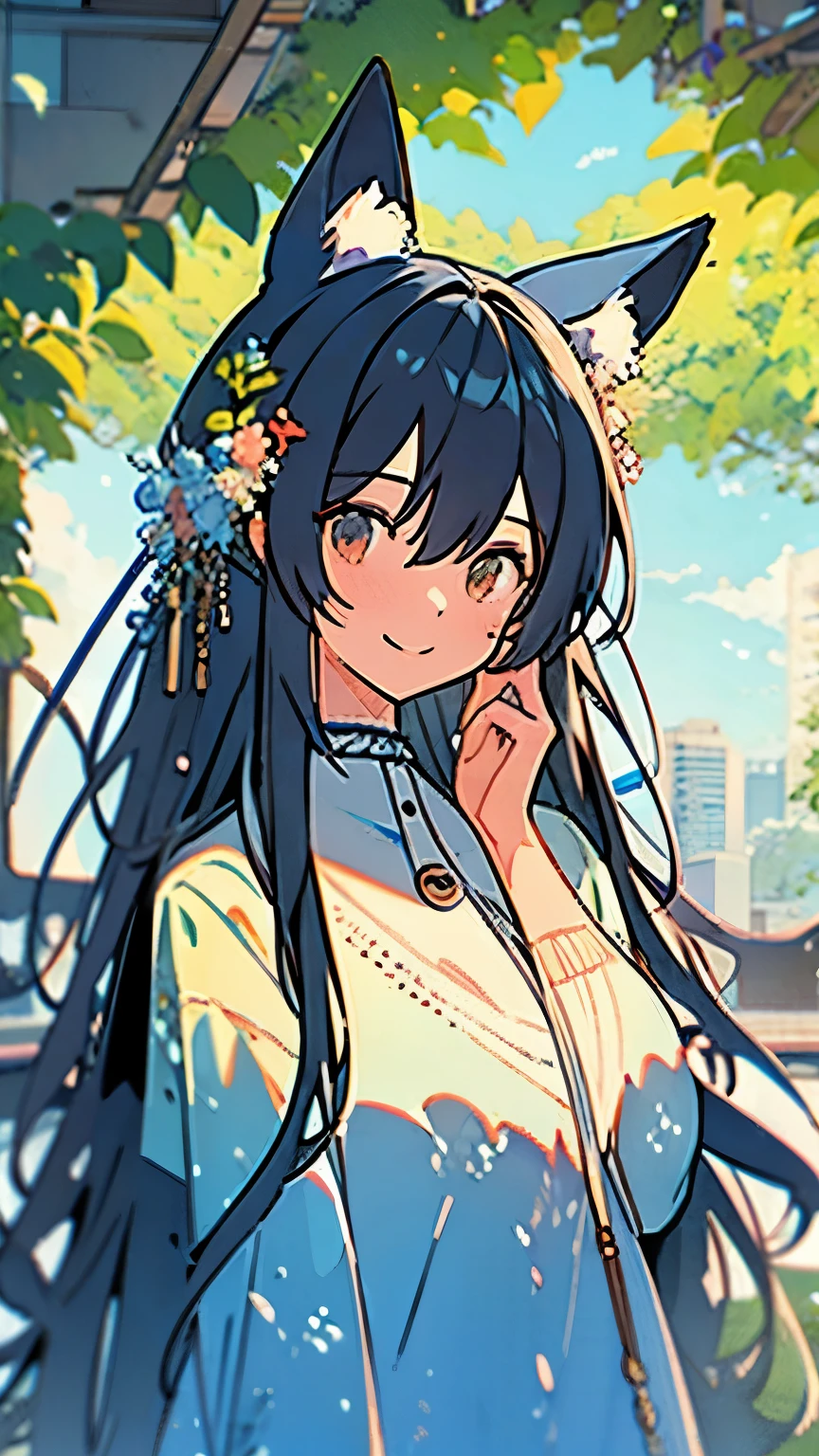 ((((masterpiece)))), best quality, very_high_resolution, large_filesize, full color, one girl,Beautiful long black hair, Kemo ears, , in nature, best smile, best smile, 