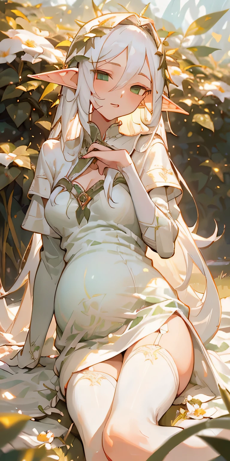 (masterpiece, best quality),1girl with long white hair sitting in a field of green plants and flowers, her hand under her chin, warm lighting, white dress, blurry foreground, elf ,pregnancy