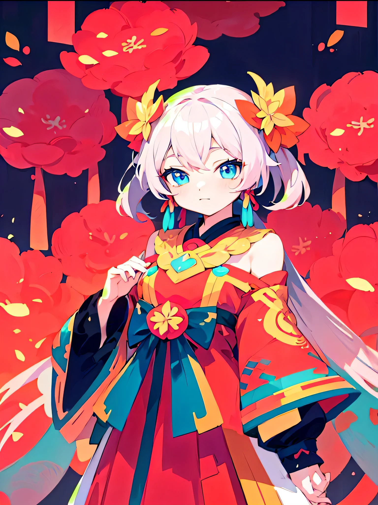 Anime girl in colorful dress on red background, anime style 4k, Cute anime waifu wearing beautiful clothes, Splash art anime , Anime cute art style, anime art wallpaper 4k, anime art wallpaper 8k, Anime Art Wallpaper 4k, Onmyoji portrait, Onmyoji, High quality anime art style, stylized anime